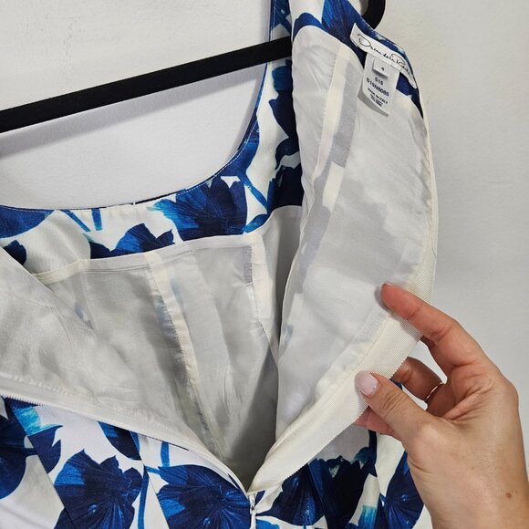 Oscar de la Renta Fit and Flare Mini Dress Sz 4 Floral Tulips Silk Blue White - Picture 13 of 13